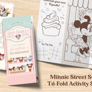 Wydrukuj arkusz aktywności Minnie, Kolorowanka Main Street Sweet Store, Arkusz aktywności dla dzieci, Cyfrowy, Wydrukuj