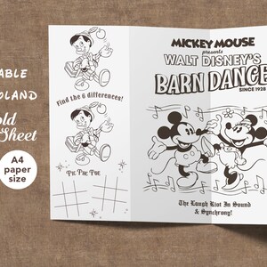 May include: A printable Disneyland tri-fold activity sheet. The sheet features a black and white illustration of Pinocchio, a tic-tac-toe game, and Mickey and Minnie Mouse dancing. The text includes "Find the 6 differences!" and "Walt Disney's Barn Dance."