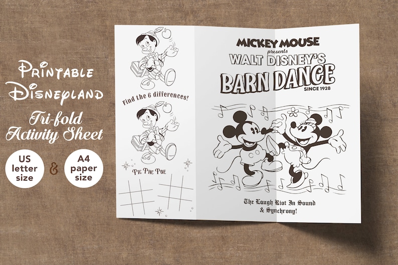 May include: A printable Disneyland tri-fold activity sheet. The sheet features a black and white illustration of Pinocchio, a tic-tac-toe game, and Mickey and Minnie Mouse dancing. The text includes "Find the 6 differences!" and "Walt Disney's Barn Dance."
