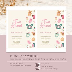 May include: Two printable invitation cards for a child's second birthday party. The cards feature a pink and green color scheme with a cartoon mouse and gingerbread cookies. The text on the cards reads "Two Sweet" and includes the party details. The cards are designed to be printed at home or at a local print shop.