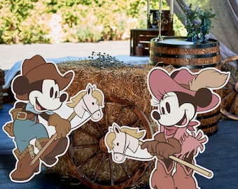 Utskrivbar Cowboy Mickey & Cowgirl Minnie Cutout, Rodeo födelsedagsfest ståupppropp, Mickey babyshowerfestdekoration, digital fil
