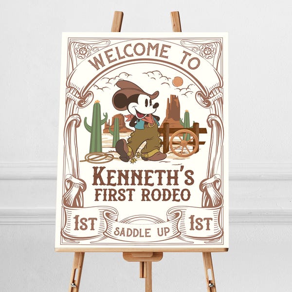 Letrero de bienvenida para el primer cumpleaños de rodeo de Mickey, letrero de cumpleaños de Mickey Cowboy, cumpleaños de Mickey, Oh Toodles, digital, imprimible