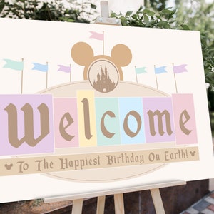 Panneau de bienvenue pour fête d'anniversaire Disneyland, décoration de fête Disneyland, fichier numérique