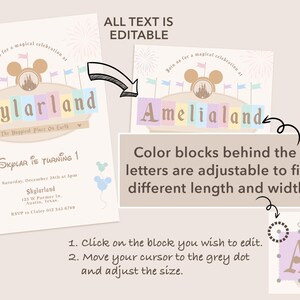 May include: Editable invitation template for a child's birthday party. The invitation features a cartoon image of Mickey Mouse and the text "Skylarland" in colorful letters. The text "Skylar is turning 1" is also included. The invitation is designed to look like a carnival or amusement park.