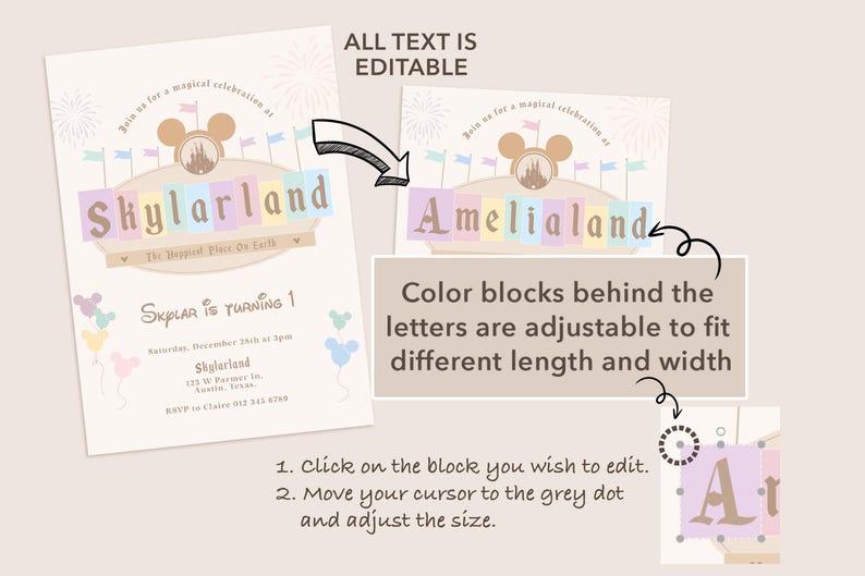 May include: Editable invitation template for a child's birthday party. The invitation features a cartoon image of Mickey Mouse and the text "Skylarland" in colorful letters. The text "Skylar is turning 1" is also included. The invitation is designed to look like a carnival or amusement park.