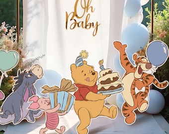 Könnte beinhalten: Eine Partyszene mit Winnie Puuh und seinen Freunden. Die Charaktere sind Ausschnitte mit einem Hintergrund aus Luftballons und einem Banner mit der Aufschrift "Oh Baby". Winnie Puuh hält einen Kuchen, und Tigger hält einen Ballon.