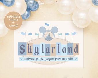Letrero editable con nombre de Disneyland, el cumpleaños más feliz del mundo, baby shower de Disneyland, archivo digital