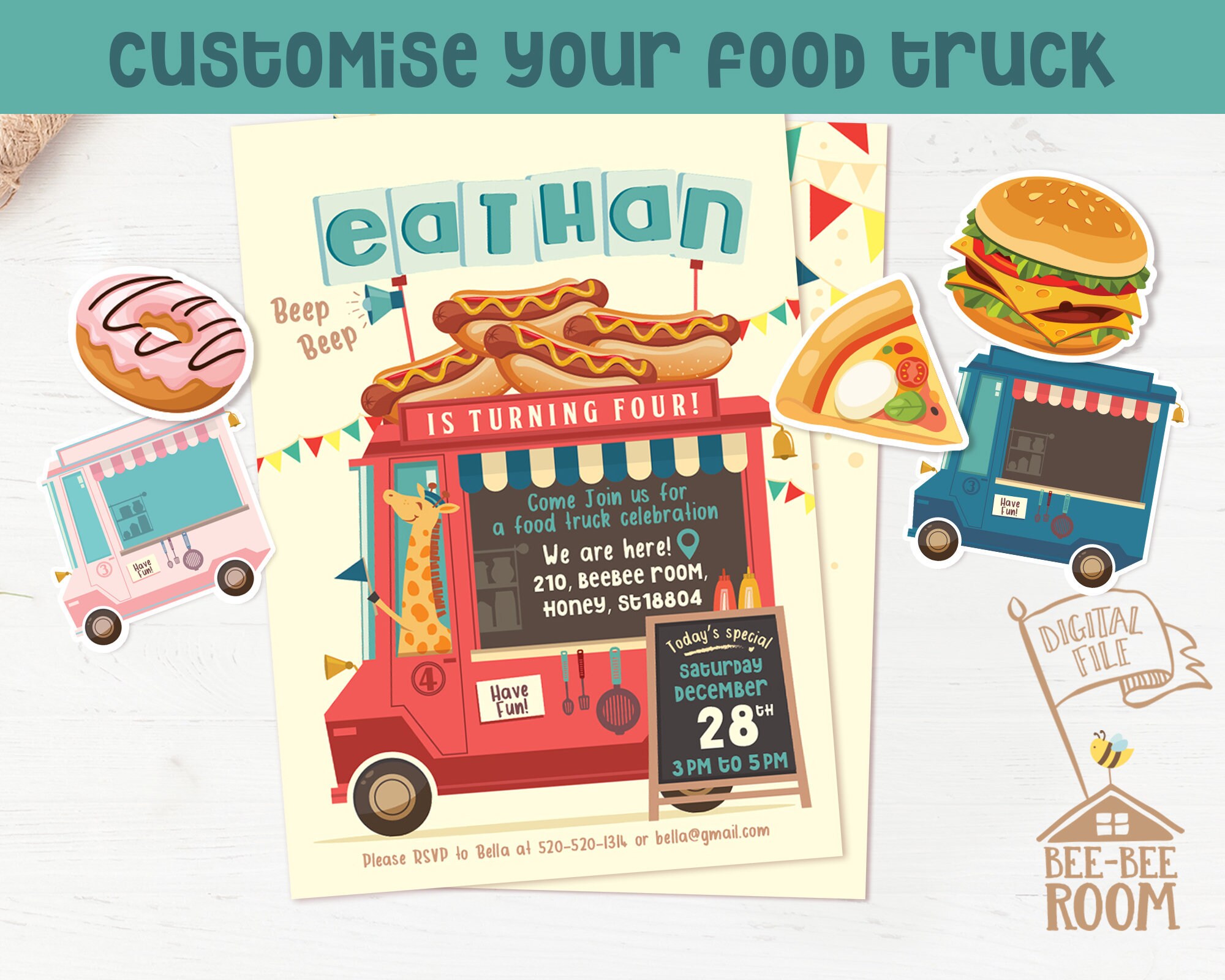 Food Truck Party Invitation Birthday Party Kids Birthday Etsy