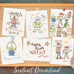 May include: A corkboard features several hand-drawn illustrations of Toy Story characters, including Woody and Buzz Lightyear. The drawings are accompanied by text, including "Wanted", "Andy's Room", and "Keep Out".