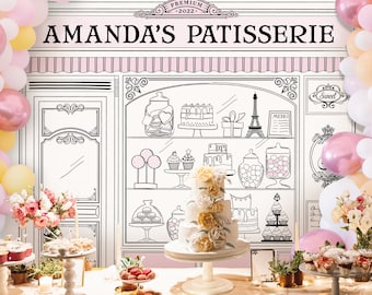 May include: A white cake with yellow flowers on a white cake stand. The cake is in front of a white and black illustration of a bakery storefront with the text "Amanda's Patisserie" above the storefront. The bakery storefront is decorated with pink and white balloons.