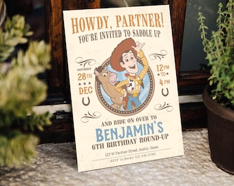 May include: A vintage-style invitation with the text "HOWDY, PARTNER!" and "YOU'RE INVITED TO SADDLE UP". The invitation features a cartoon cowboy and horse illustration, with details for a 6th birthday party. The date is December 28th.