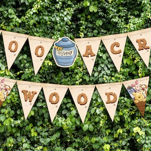 Printable Winnie the Pooh Pennant Banner, 100 Acre Wood Triangle Banner, Classic Pooh Birthday or Baby Shower Party Deco, Digital file