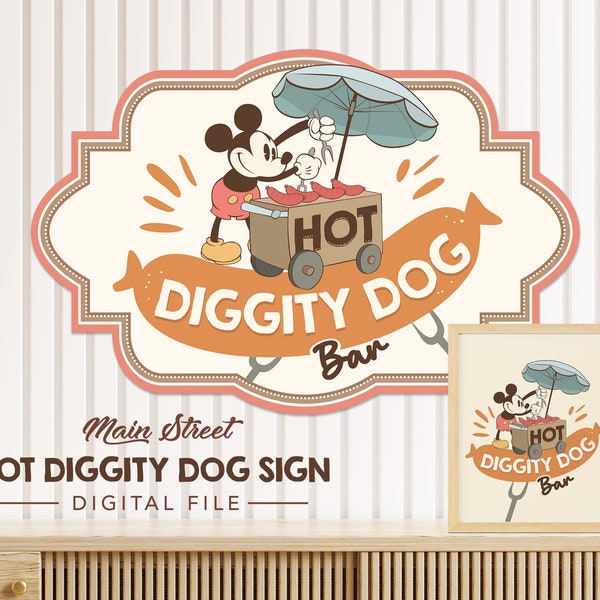 Mickey Hot Diggity Dog Bar Sign, Mainstreet Party, Mickey Birthday, Minnie Baby Shower, Disneyland Party Decoration, Digital file