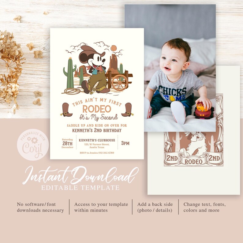 Mickey Second Rodeo Birthday Invitation, Mickey Cowboy Birthday ...