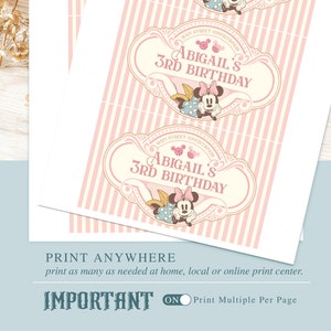 May include: Printable favor tags featuring a pink and white striped background with a vintage-style illustration of a cartoon mouse. The text "MAIN STREET CONFECTENERS ABIGAIL'S 3RD BIRTHDAY" is displayed in a gold banner.