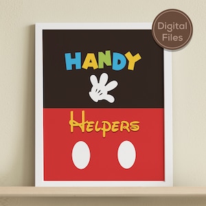 May include: Printable sign with a Mickey Mouse theme. The sign is red, black, and yellow and says "HANDY HELPERS" with a white Mickey Mouse glove.