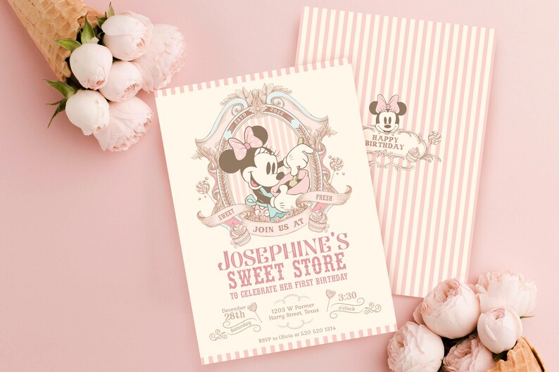 May include: A pink and white striped invitation with a cartoon image of Minnie Mouse holding a cupcake. The invitation says "Josephine's Sweet Store" to celebrate her first birthday. The invitation includes the date, time, and location of the party.