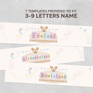 May include: Three printable banners with a cartoon mouse head and the text "[Name]land" with a colorful background and fireworks. The text "Welcome to the Happiest Place on Earth" is below the name.