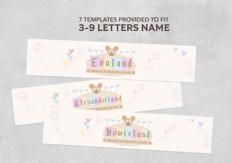 May include: Three printable banners with a cartoon mouse head and the text "[Name]land" with a colorful background and fireworks. The text "Welcome to the Happiest Place on Earth" is below the name.