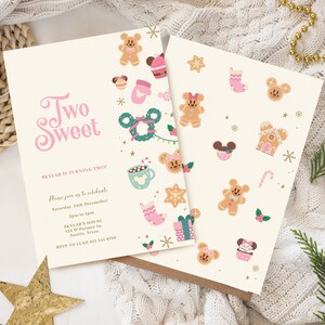 May include: Two pink and white invitation cards with a gingerbread theme. The text on the card reads "Two Sweet" and "Skylar is turning two!" The card is decorated with gingerbread men, candy canes, and other Christmas-themed images.