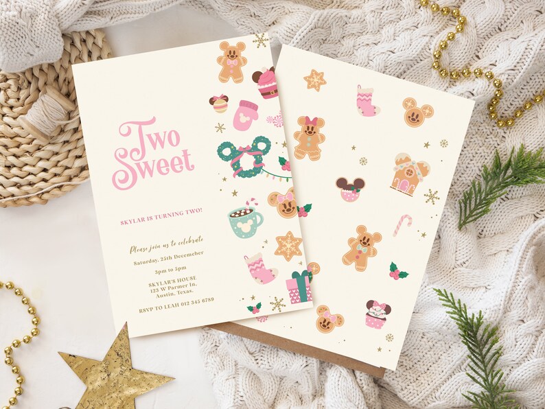 May include: Two pink and white invitation cards with a gingerbread theme. The text on the card reads "Two Sweet" and "Skylar is turning two!" The card is decorated with gingerbread men, candy canes, and other Christmas-themed images.