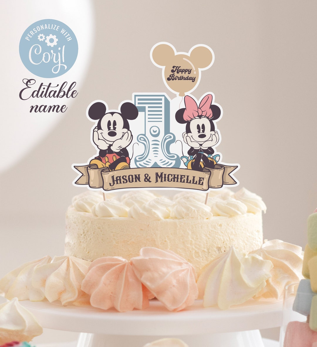 Mickey Mouse Cake Topper | Disney Themed | Personalized Name  Disney Vintage Baby First year old Custom Cake topper - Customize your name/num display picture 1