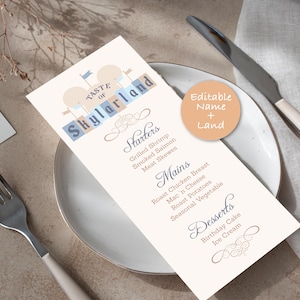 May include: A printable menu template with a whimsical design featuring a cartoon castle and the text "Taste of Skylarland". The menu lists starters, mains, and desserts with sample food items.