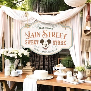 Afdrukbaar bord Mickey Sweet Store, Main Street Candy Shop, perfect voor elk Disney-thema verjaardagsfeestje of evenement, digitaal bestand