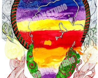 Sunset - Print of original ink painting. Psychedelic patterns.