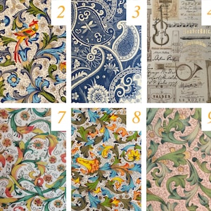 May include: A collection of ten patterned designs. The patterns include floral, paisley, and musical themes. Colors include blue, green, red, yellow, and brown. The designs are suitable for fabric, wallpaper, or decorative applications.