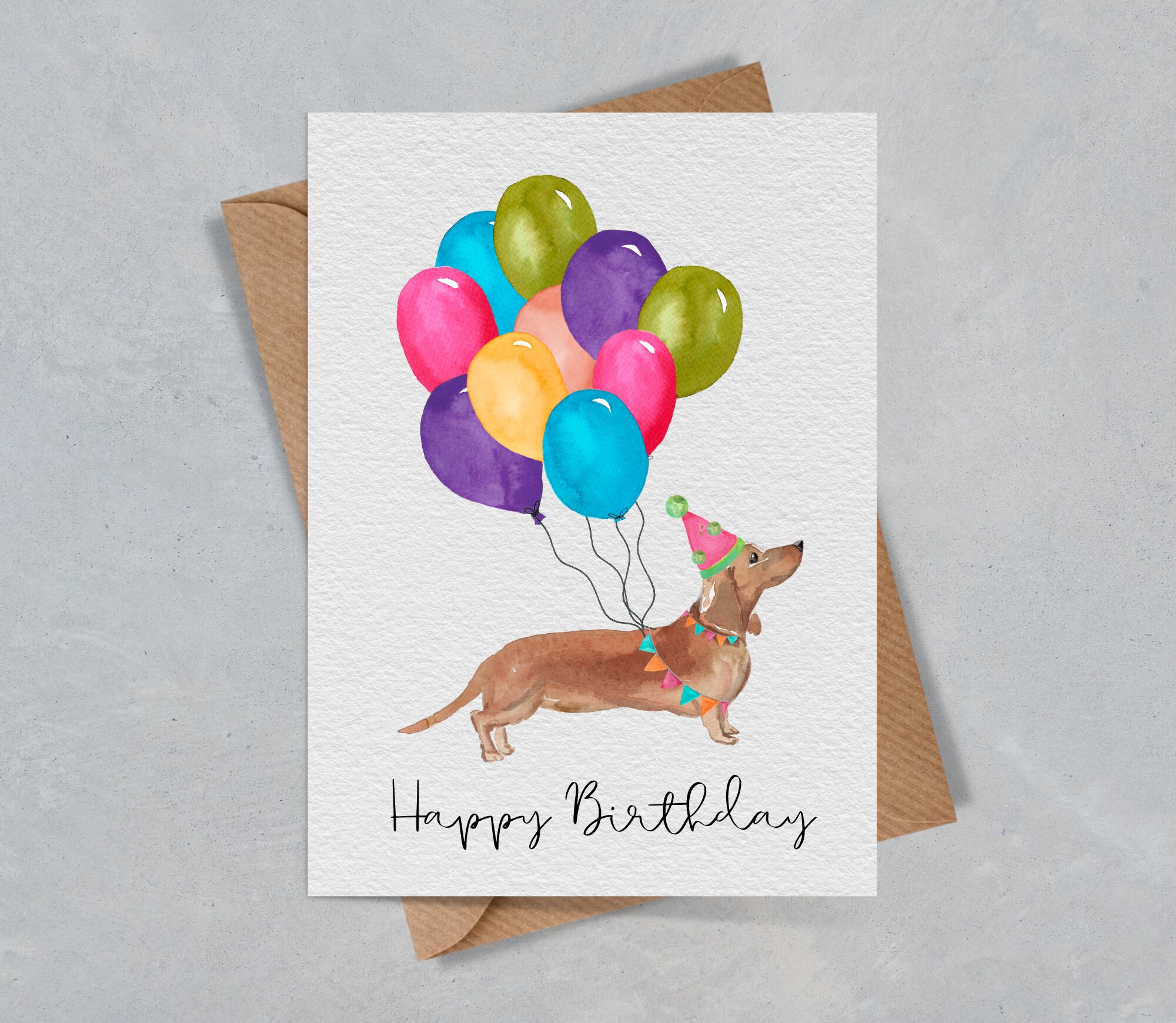 Dachshund Birthday Card | Sausage Dog With Balloons - Etsy