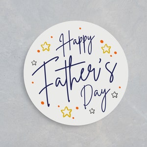May include: White circle with the text "Happy Father's Day" in blue script. The circle is decorated with orange dots and yellow stars.