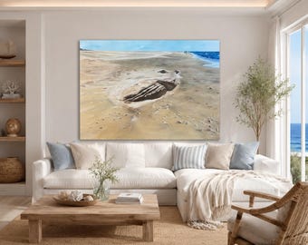 Handgeschilderd groot canvas met een motief van een zandvis en een kustlandschap | Moderne maritieme wanddecoratie in natuurlijke kleuren