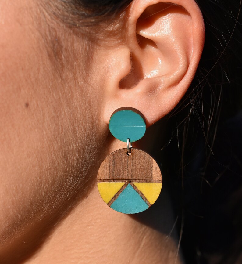 Turquoise & mustard wooden earrings geometric wood earrings Etsy