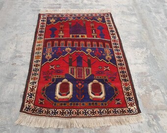 4'5"×3'2" ft Beautiful Handmade Afghan baluch prayer rug nice quality wool rug tribal vintage prayer mat