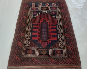 4'7"×3' ft Handmade Afghan baluch prayer rug nice quality wool rug tribal prayer rug Afghan vintage prayer mat #214