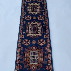 Tapete paquistanês mini corredor de 118 x 30 cm, tapete paquistanês de melhor qualidade, tapete indiano Pak Bukhara, tapete pequeno de lã macia azul escuro lindamente feito #275