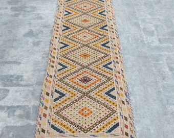 May include: A long, narrow rug with a geometric pattern in shades of beige, yellow, orange, green, blue, and red. The rug has a fringe on both ends.