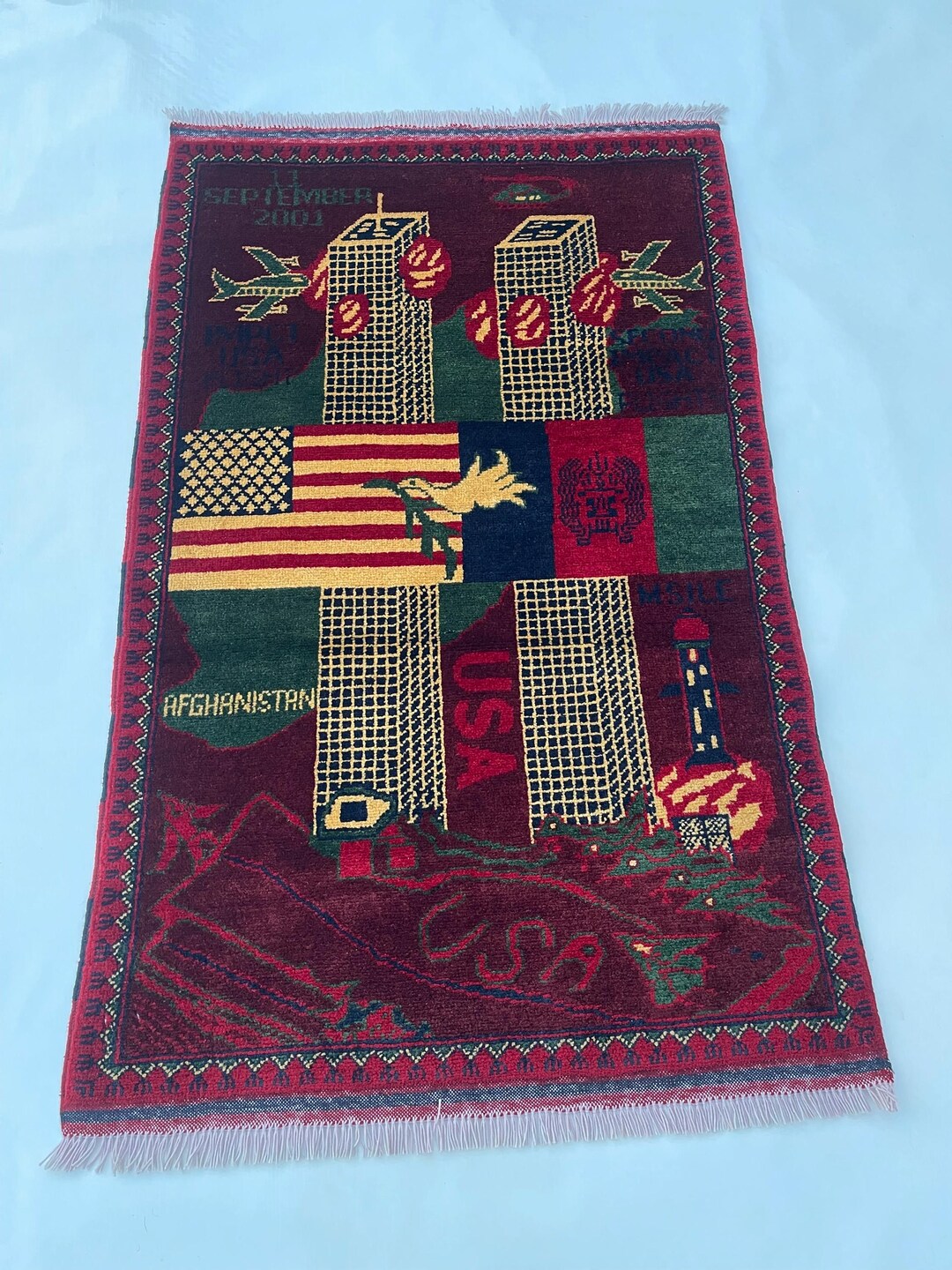 Sept. 11 Rug 128x81 Cm War Rug Twin Towers Afghan War Rug Handmade Rug Beautifully ...