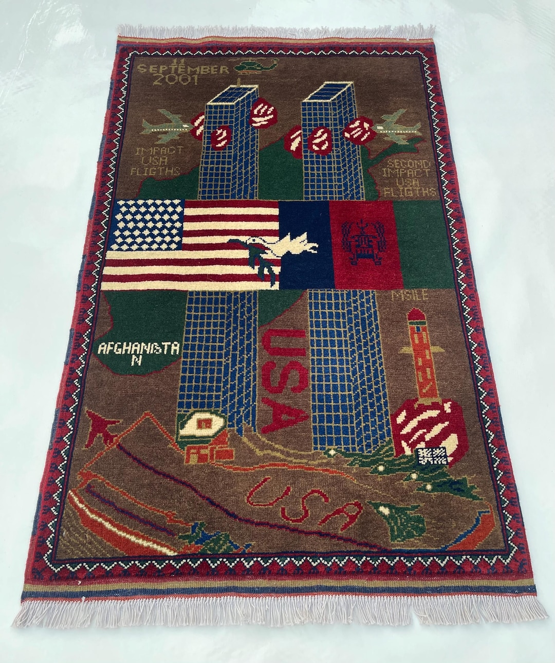 Sept. 11 Rug 127x80 Cm War Rug Twin Towers Afghan Rug Handmade Rug Beautifully Made ...