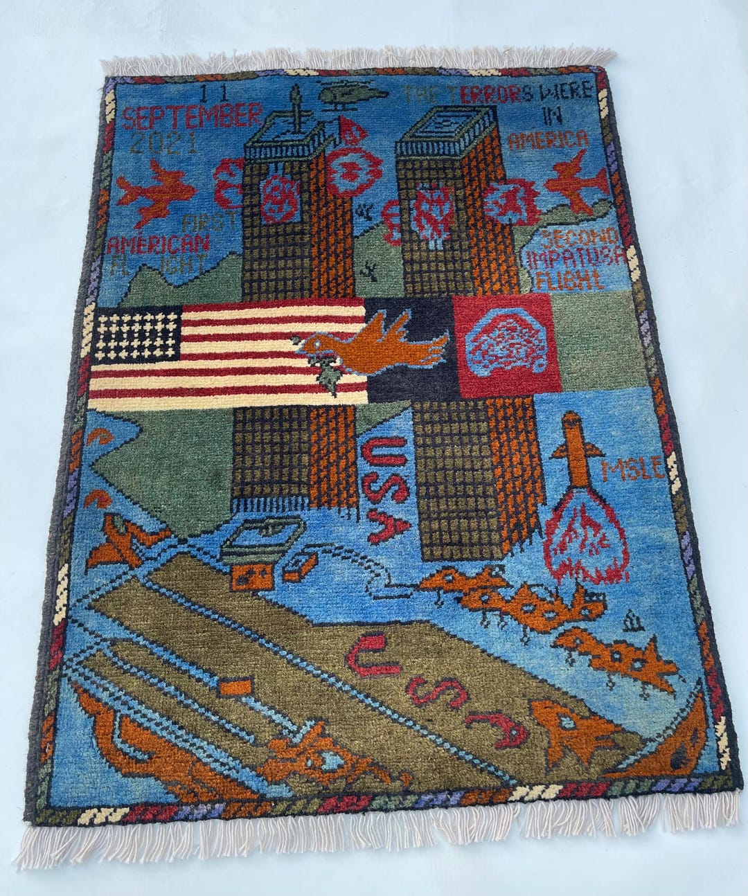 Sept. 11 Rug 79x60 Cm Classic Handmade Afghan War Rug Beautifully Made Wool Rug ...