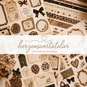 Puede incluir: Una colección de hojas de pegatinas imprimibles con patrones de estampado de leopardo, lazos negros y varias etiquetas con texto en alemán como Schöne Momente, Meine Lieblings Dinge, Erinnerungen, Notizen y Wertvolle Erinnerungen, junto a corazones.