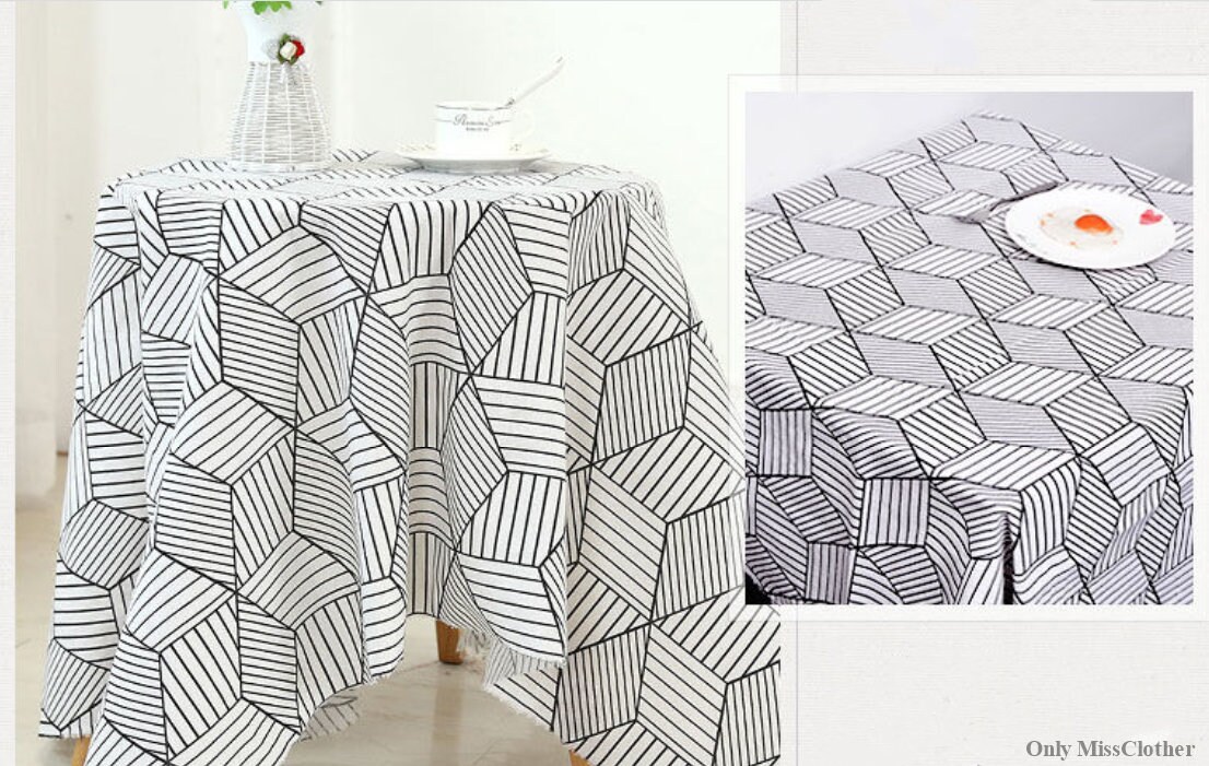 Custom Washed Linen Tableclothwhite Black Geometry Etsy