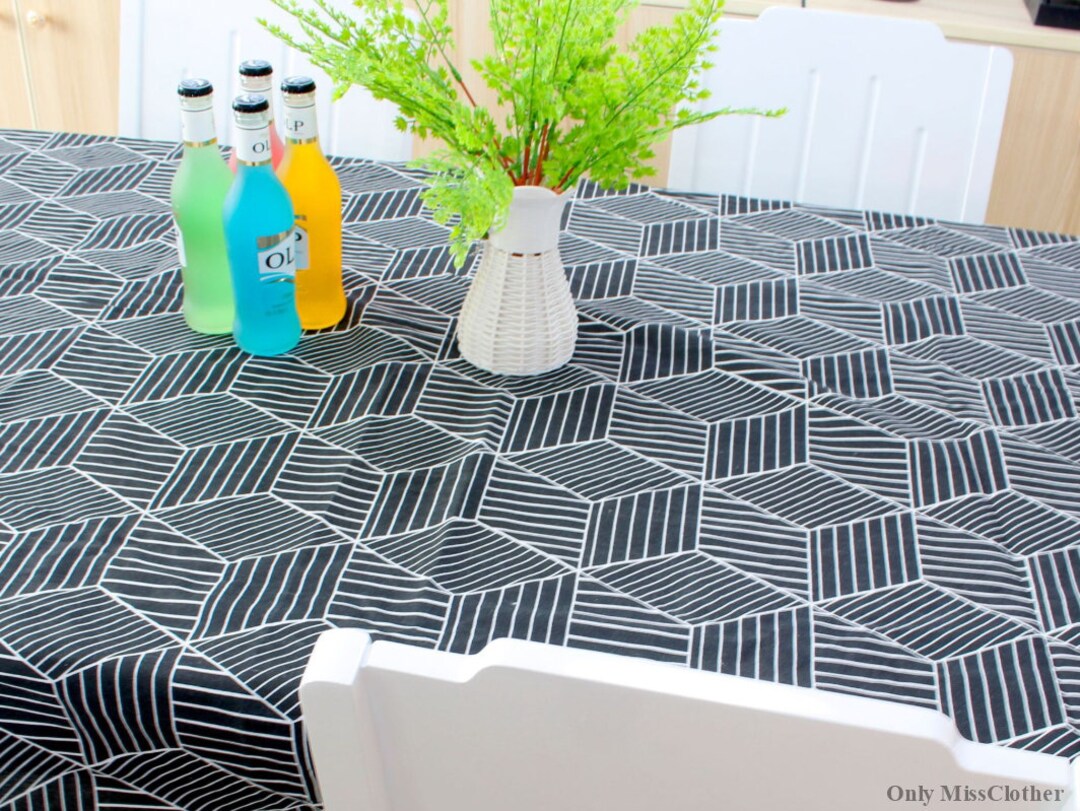 Custom Washed Linen Tableclothwhite Black Geometry Etsy