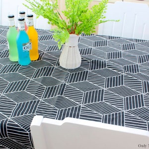 Custom Washed Linen Tablecloth,White Black Geometry Decor,Handmade Linen Table Cover,Fresh Modern Tablecloth,Rectangle Tablecloth，Round