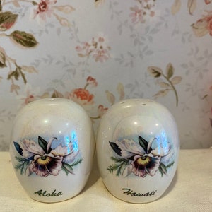 Pretty egg shape Aloha Hawaii floral flowers salt and pepper shaker set