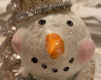 Cute little OOAK paper clay and glass snowman holiday winter Christmas decor