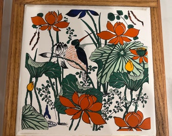Boho bird botanical mid century ceramic and wood trivet set of 2