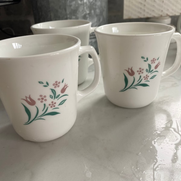 Corning Corelle Rosemarie set of 3 pink floral tulips coffee tea cups mugs