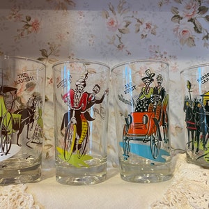 Mid Century Anchor Hocking Gay Nineties set of 6 tumblers bar glasses gas buggy the Hansom bicycle for two Horse car
